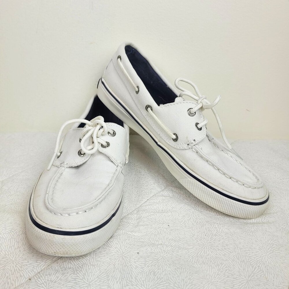 Sperry Top Sider white canvas boat shoes navy trim nautical preppy casual 6.5